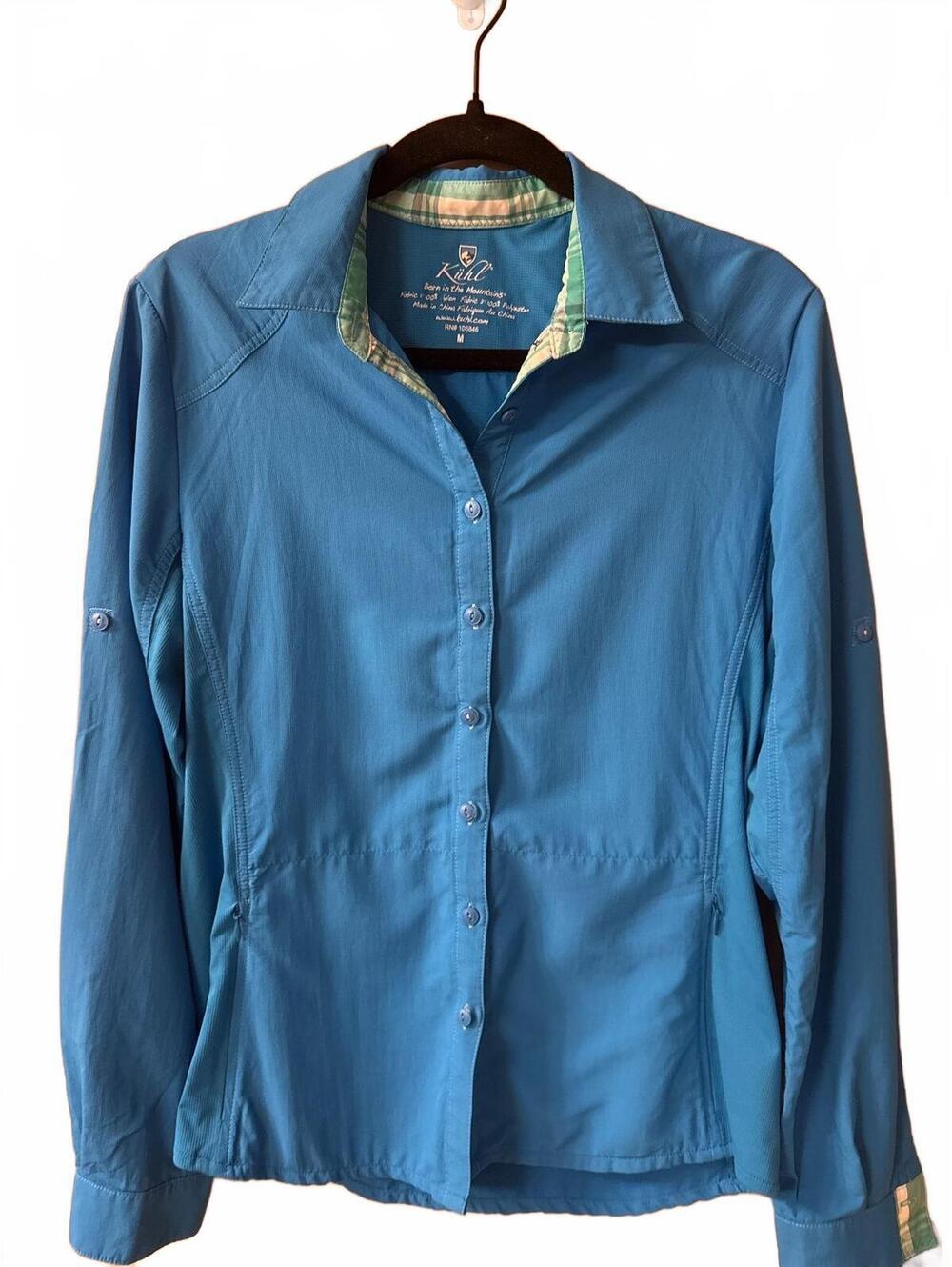 Kuhl Women's Blue Long Sleeve Button-Up Shirt Size M with Plaid Collar Detail